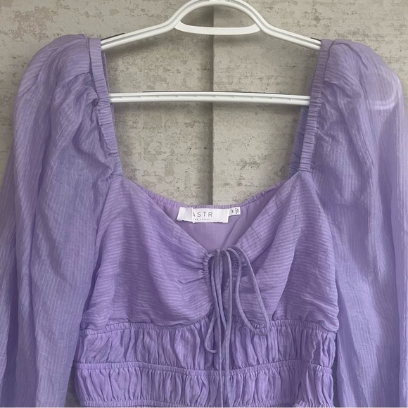 Astr Irwin Bustier Lilac Women's Smocked Crepe Long Puff Sleeve Top Sz M Pastel - Picture 2 of 14